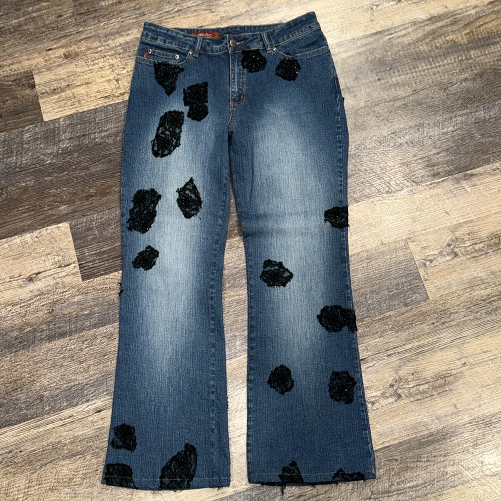 My Jeans Blue Flare Jeans with Black Lace Floral Accents